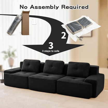 115" Modern Corduroy Cloud Sofa, Boneless Modular Large Sectional Couches for Living Room, Black 3 Seater Compressed Memory Foam Couch, Extra Deep Seat, No Assembly