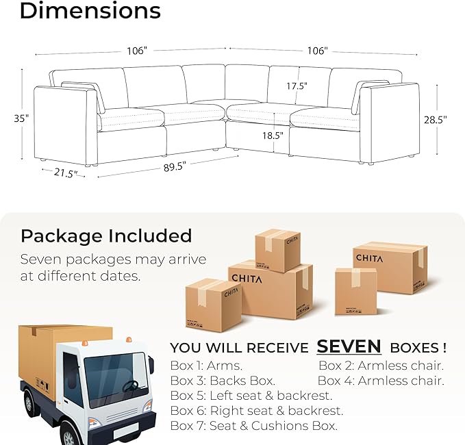 CHITA Oversized Modular Sectional Fabric Sofa Set, FSC Certified Extra Large 5 Seat V Shaped Corner Sectional Cloud Couch for Living Room, 106 inch Width, 4 Seat and 1 Middle Corner, Grey