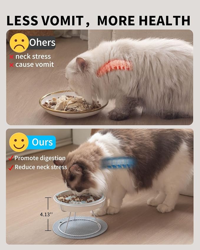 Ceramic Elevated Cat Bowls Set, Anti Vomit, Removable Dishes, Pink & Blue | Removable Ceramic Bowls Elevated Anti Vomit Food & Water Feeding Pink & Blue Set