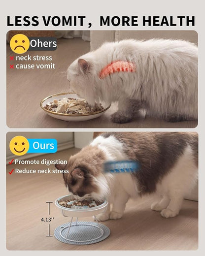 Ceramic Elevated Cat Bowls Set, Anti Vomit, Removable Dishes, Pink & Blue | Removable Ceramic Bowls Elevated Anti Vomit Food & Water Feeding Pink & Blue Set