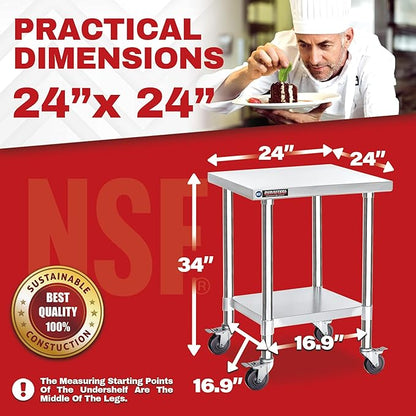 DuraSteel 24x24 NSF Stainless Steel Cart Work Table - Heavy Duty Rolling Food Prep Table - Metal Utility Cart on Wheels Caster, Grill Stand Microwave Outdoor Kitchen Tables Countertop Island Large Top