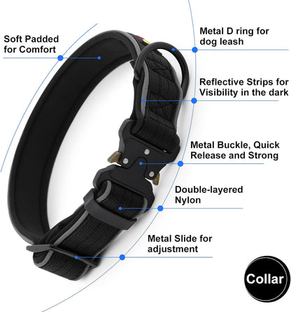 Plutus Pet Tactical Dog Collar, Reflective, Adjustable Heavy Duty Dog Collar, Soft Padded and Comfortable, for Small Medium and Large Dogs (Black, L)