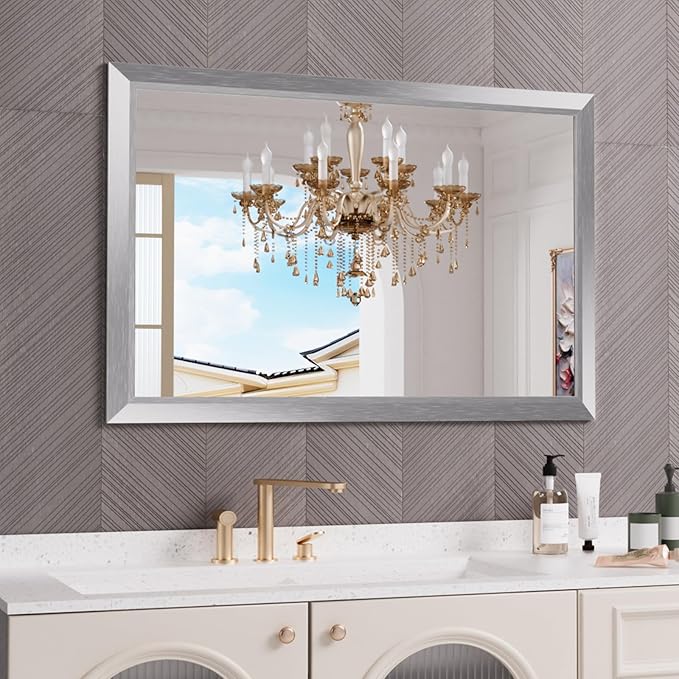 Amorho 48x32 Inch Bathroom Mirror Silver, Thick Metal Framed Wall Mirrors