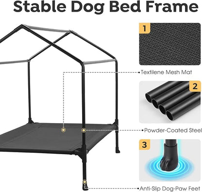 Veehoo 41" Dog House, 2-in-1 Large Dog House Outdoor Indoor Weatherproof, Outside Elevated Dog Cot Bed Dog Tent Shade, Three-Sided Breathable Mesh Windows and Sunshades, CWC2435CP