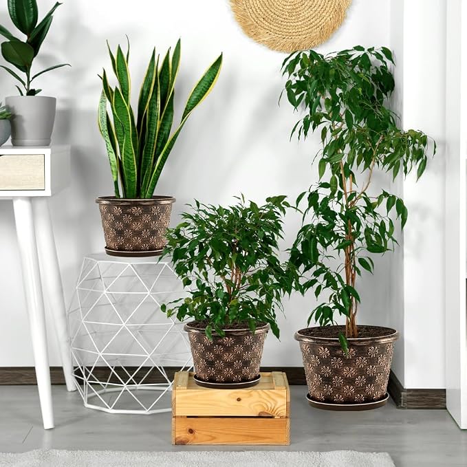 16 Inch Planter Pots for Plants, Plastic Large Flower Pots Indoor Outdoor, 4 Pack Resin Plant Pot with Drainage & Saucer, Retro Decorative Garden Pot with Removable Trays for House