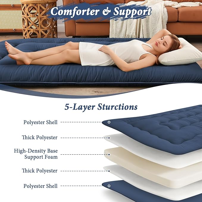 DAICO Japanese Floor Mattress, 4'' Thicken Futon Mattress Tatami Mat, Sleeping Pad Foldable Roll Up Mat for Camping and Guest Room, Twin Size 39''*80'', Navy