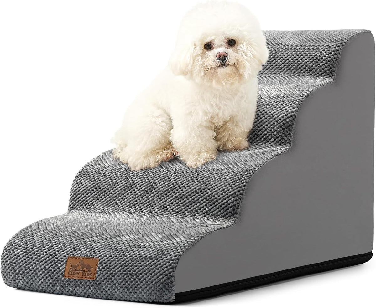 Dog Stairs for Small Dogs 19.7" H, Curved Dog Step for Puppy, Older or Cat, Medium Pet Ramp for Sofa, Couch or Bed, Ladder with High Density Foam, 15.7x28.3x19.7 inch, 4 Step, Grey