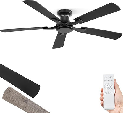 ZMISHIBO 52 Inch Ceiling Fan No Light, Flush Mount Low Profile, Modern Black