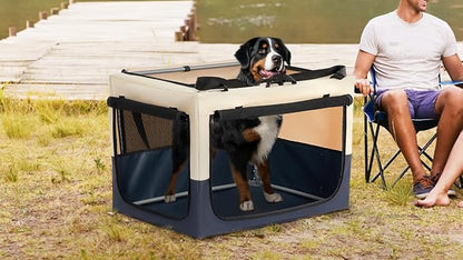 PETSFIT 36" Soft Portable Dog Crate – Patented Spiral Sturdy Frame, Collapsible Travel Kennel for Medium & Large Dogs, 3 Mesh Door, Lockable Zippers, Indoor & Car Use Navy Blue