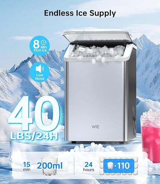 WIE Nugget Ice Maker Countertop 40LBS/24H, Chewable Pellet Ice Makers 8 Mins