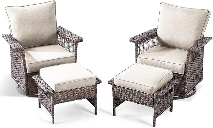 Outdoor Swivel Glider Chairs - 4 Pieces Hollow Widen Armrests Wicker Patio Furniture Set with Ottomans, High Back Outside Swivel Rocker for Balcony Porch Deck and Yard - Brown/Beige