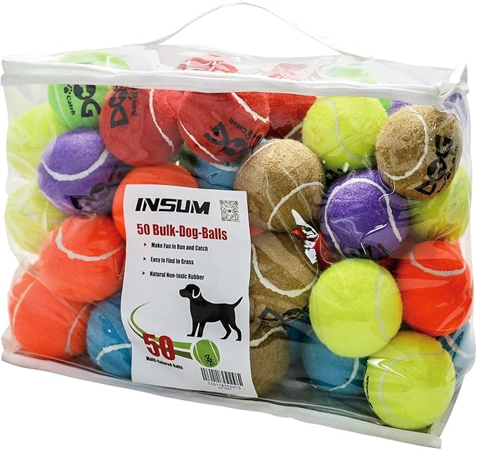 Tennis Balls for Dogs - Bulk 50 Pack 2.5'' Durable Non-Toxic Outdoor Dog Toys Balls with Mesh Bag, SGS Certified, Colorful Fetch Toys, Medium Large Breeds (Non Squeaky)
