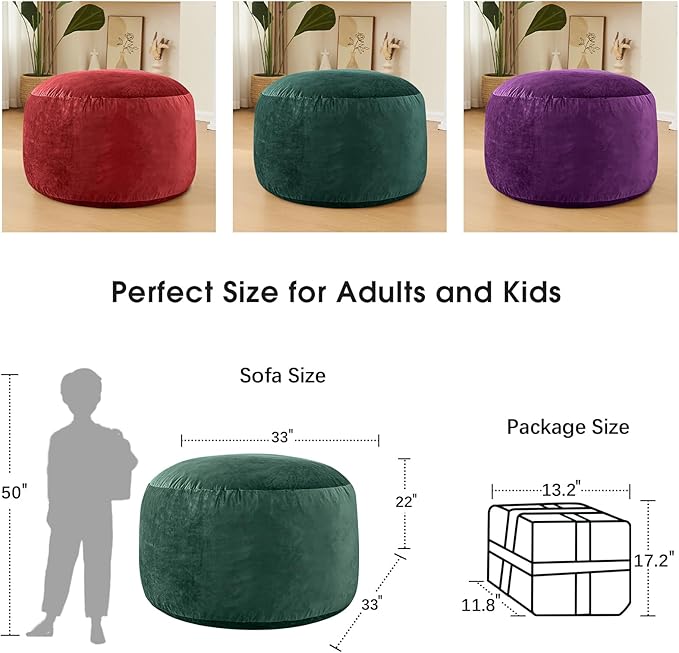 Bean Bag Chairs for Adults - Memory Foam Furniture BeanBag Chair - Kids/Teens Sofa with Soft Micro Fiber Cover - Round Fluffy Couch for Living Room Bedroom College Dorm - 3 ft, Green
