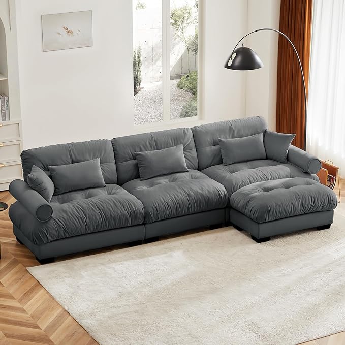 130" Grey Modular Sectional Sofa, 3 Seater Large Sectional Couches for Living Room, Velvet Fabric Oversized Fluffy Cloud Couch with Ottoman, Deep Seat Home Sofas Set, Sofá Moderno, L Shaped