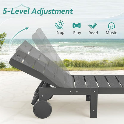 Outdoor Chaise Lounge Chairs with Table, 6-Piece, 26.8” Super Wide Lounge Chair Outdoor, HDPS Pool Chairs with 5 Positions, Patio Lounge Chair with Wheels for Pool,Lawn,Backyard, Dark Gray