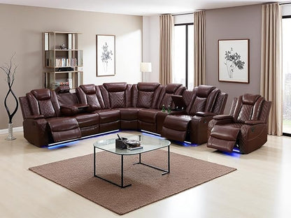 Dekmxas Power Sectional Reclining Sofa Set, Brown Breathing Leather Power Recliner Sofa Set with LED Light, Living Room Furniture with 3 Recliner Seats/Cup Holder/Storage Console for Living Room