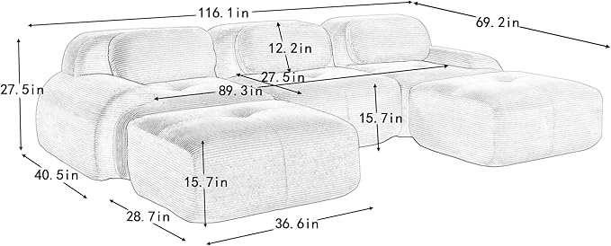 116" Modern Corduroy Cloud Sofa with Ottoman, U Shaped Boneless Modular Large Sectional Couches for Living Room, Camel 3 Seater Compressed Memory Foam Couch, Extra Deep Seat, No Assembly