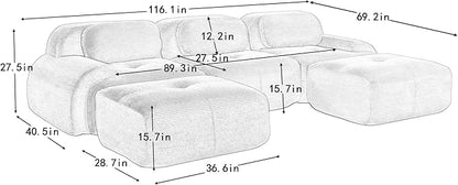 116" Modern Compressed Boneless Couch with Ottoman, 3 Seater Large U Shaped Sectional Couches for Living Room, Green Corduroy Cloud Modular Sectional Sofa, Memory Foam, Extra Deep, No Assembly