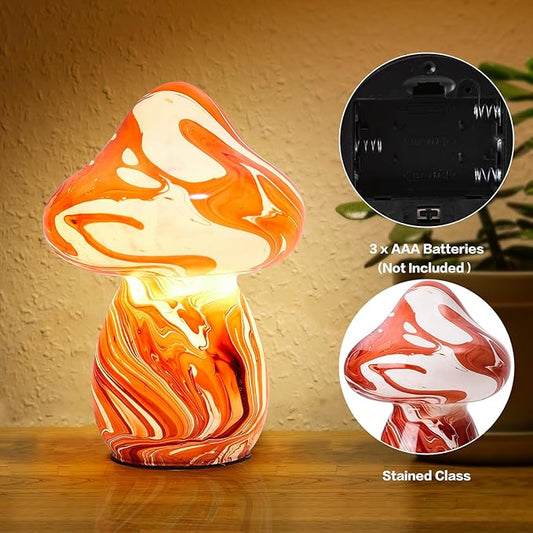 Glass Mushroom Table Lamps Night Lights Cordless Cute Small Nightstand Desk Lamp for Bedroom Living Home Decor Red (E27 Bulb Included)