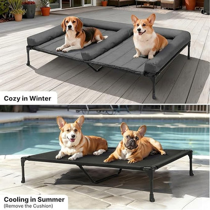 Veehoo Elevated Dog Bed for 2 Dogs, Cooling Raised Dog Bed with Bolster Mat | Outdoor Double Dog Bed with Removable Waterproof Cushion, Breathable Mesh, Non-Slip Feet for Outdoor & Indoor, 49", Bicolor