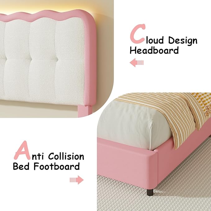 BarnFurin Twin Bed Frame with LED Lights, Twin Size Bed Frame with Cloud Headboard LED Lights, Cloud Bed with Headboard for Kids, No Box Spring Required, Easy Assembly, Pink