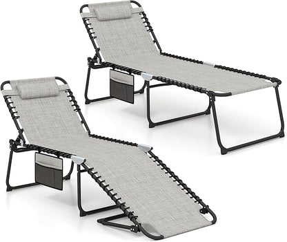 GYMAX Lounge Chair for Outside, 440lbs 27” Oversize Folding Beach Tanning Sunbath Chair with Adjustable Backrest & Removable Pillow, Lightweight Portable Patio Lounger for Lawn Poolside (2, Grey)