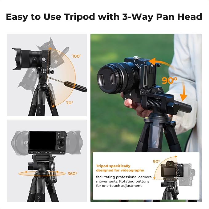 K&F CONCEPT Camera Tripod, 75" Lightweight Portable Travel Outdoor DSLR Tripods for Camera Phone Video Recording Tripod Stand, Cellphone Clip for Smartphone Live Streaming Vlog, Dark Grey
