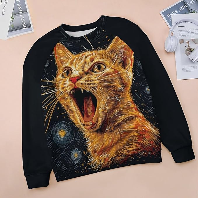 Long Sleeve Shirts for Women Cat Oil Painting Shirt 3D Graphic Sweatshirts Fall Pullover Crewneck Vintage Boho Tops
