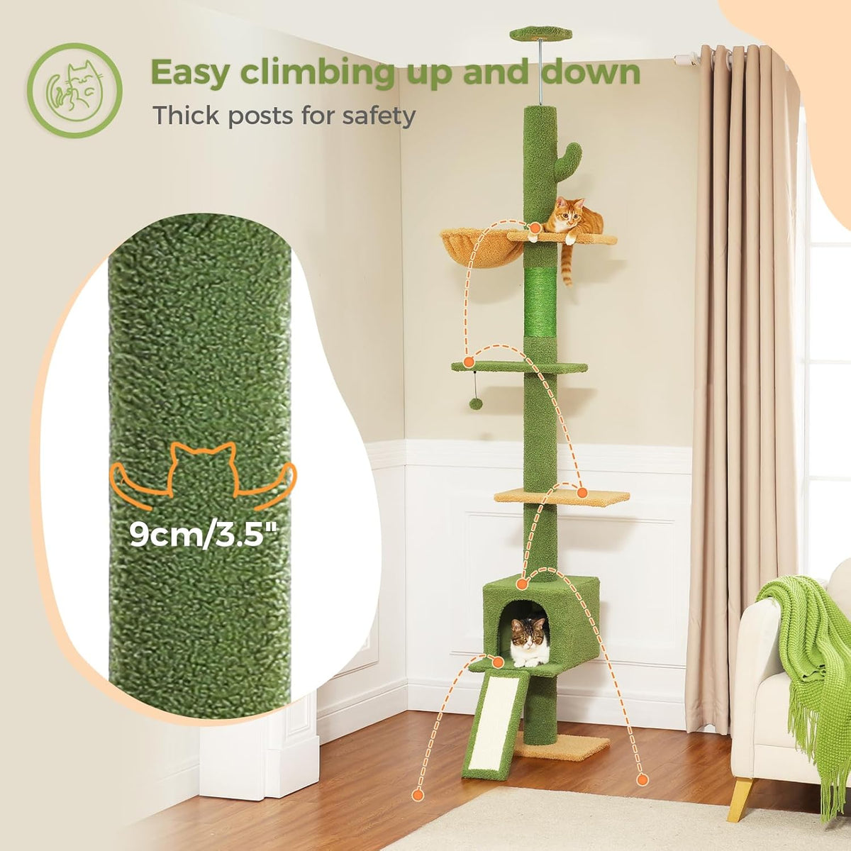 PEQULTI Floor to Ceiling Cat Tree, Tall Cat Tower, Adjustable Height (83''-108'') 5 Levels Climbing Tree for Indoor Cats with Cat Condo, Cozy Hammock and Scratching Post, Green