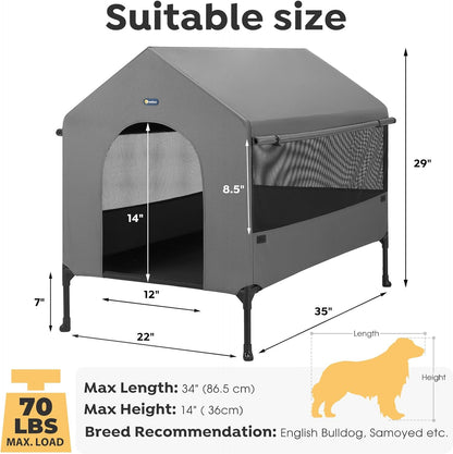 Veehoo 35" Dog House, 2-in-1 Large Dog House Outdoor Indoor Weatherproof, Outside Elevated Dog Cot Bed Dog Tent Shade, Three-Sided Breathable Mesh Windows and Sunshades, CWC2435CP