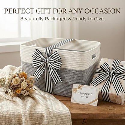 Woven Blanket Basket,65L Large Storage Bin for Blankets Toys Clothes,Decorative Rope Basket for Living Room Bedroom with Handles, White&Grey