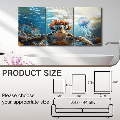 Wivsev Sea Turtle Canvas Wall Art,Under Sea Wall Art,Sea Life Pictures Wall Decor,Ocean Animal Painting for Bathroom,Living Room,Bedroom (16" x 24" x 3 pcs)