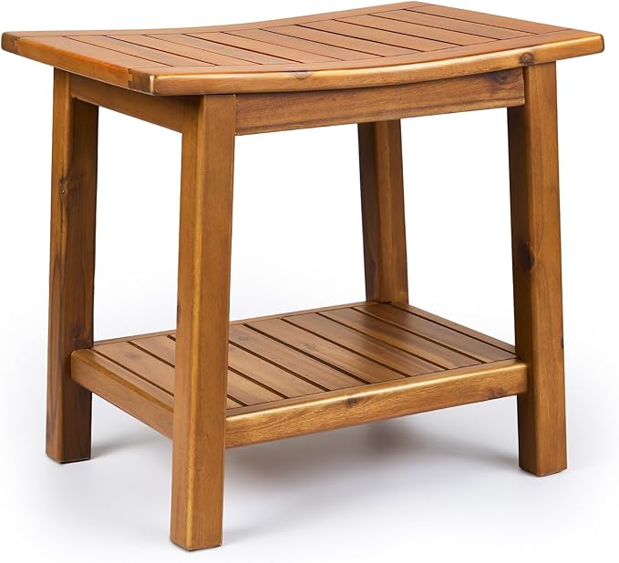 Teak Shower Bench, 20" Solid Wood Shower Stool Waterproof Shower Seat with Storage Shelf for Bathroom, Indoor & Outdoor Use