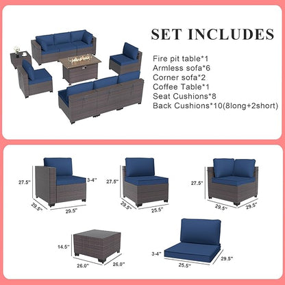 Gotland 10 Pieces Patio Furniture Set with Fire Pit Table, All Weather Rattan Outdoor Furniture with 29.5'' High Backrest 4’’ Thick Cushions Coffee Table, Outdoor Sofa for Deck, Garden, Backyard, Navy
