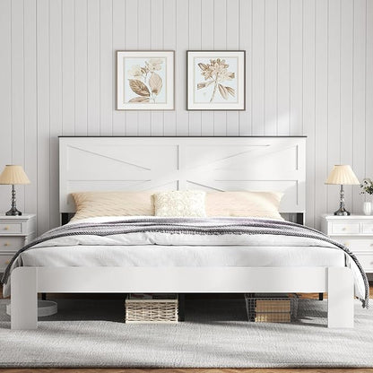 Wooden Bed Frame King Size with Headboard, Farmhouse Platform Bedframe with Wood Slat Support, Sturdy Framework Bed Frame, Easy Assembly (Rustic White)