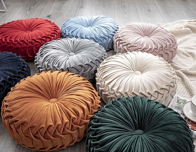 vctops Solid Velvet Seat Cushions Round Floor Pillows Thicken Chair Cushions Pleated Chair Pads Seat Pad Throw Pillows for Bedroom Living Room (Beige,Diameter 14")