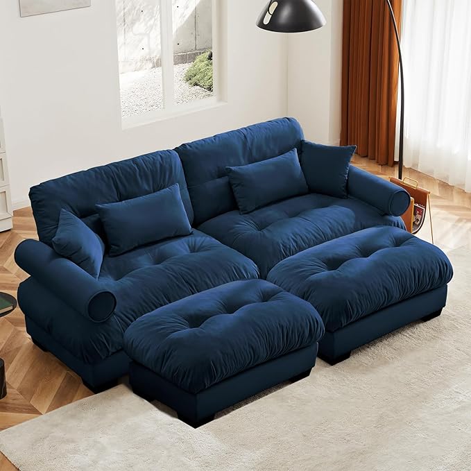 93.7" Loveseat Sofa, 2 Seater Modular Sectional Sofa, Blue Large U Shaped Sectional Couches for Living Room, Fluffy Couch, Love Seat, Velvet Cloud Couch with Ottoman, Deep Seat Sofas for Living Home