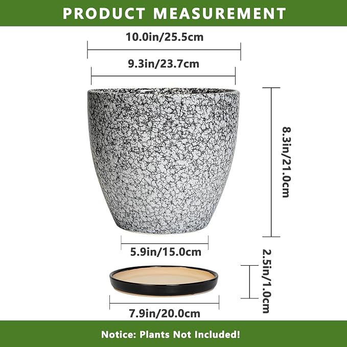 10 Inch Plant Pot - Ceramic Planter for Indoor Outdoor, Round Large Plant Pots, Modern Planter with Drainage Hole and Tray, Home Room Office Garden Decor, Gifts for Women Men, White-Black