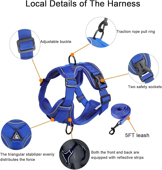 SOLMOONY Small Dog Harness,Soft Mesh Puppy Harness and Leash Set,No Escape Cat Harnesses for Training Walking,Reflective Adjustable Puppy Vest for Small Medium Dogs, Cats (Navy Blue, S)