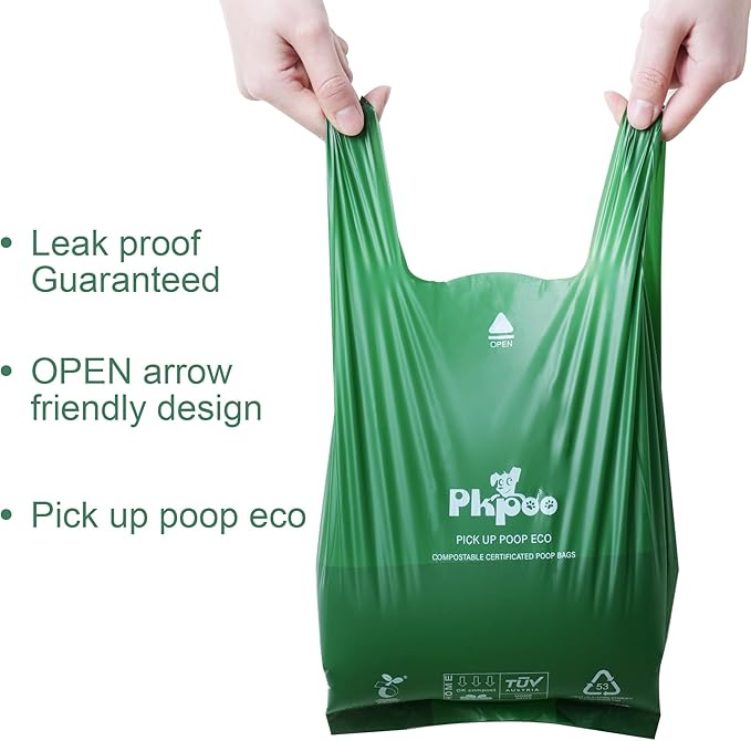 Pkpoo 100% Compostable Dog Poop Bags with Handles, Extra Wide, Vegetable-Based Large Poop Bags for Dogs, Biodegradable Waste Bags for Poo, Cat Litter, Diaper Sacks, Unscented, 180 Counts
