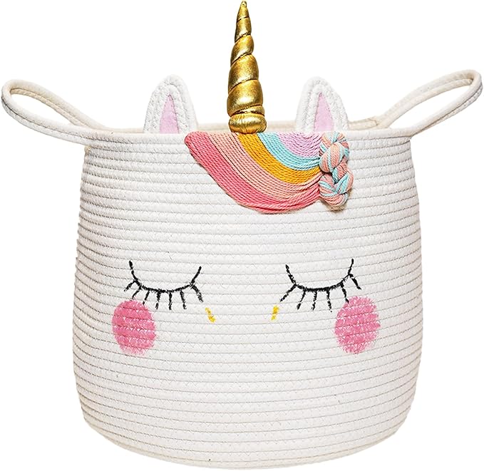 Large Unicorn Woven Basket with Handles - Toy Storage Bin, Baby Gift & Animal Nursery & Cute Laundry Basket, for Clothes, Towels, Toys (Unicorn)