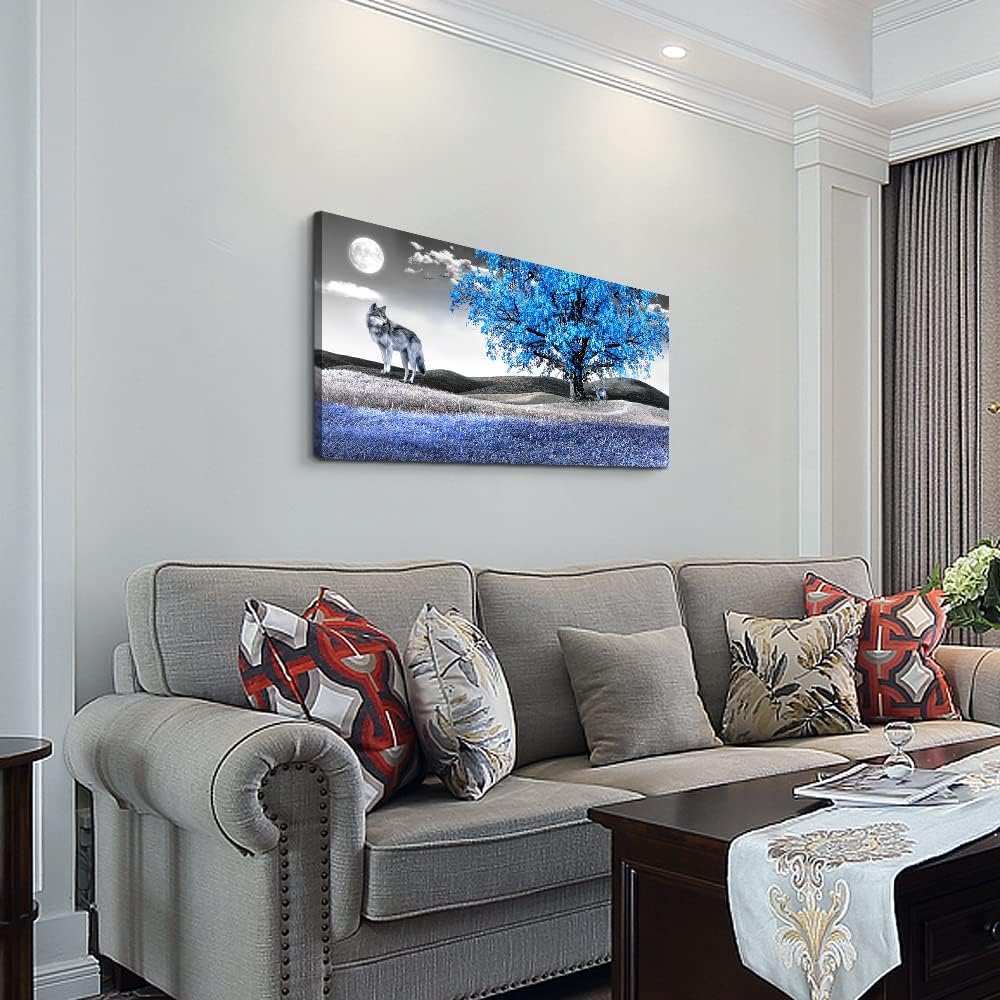 Large Size Canvas Wall Art For Living Room Wall Decor For Bedroom Modern Office Decorations Blue Tree Wall Pictures Artwork Black And White Scenery Paintings Room Wall Prints Art Home Decor 24" X 48"