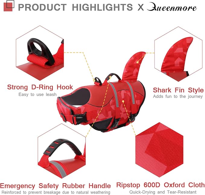 Shark Dog Life Jacket, LifeVests for Boating, High Buoyant Dog Life Vest for Swimming, Adjustable Easy On Pet Jackets for Small, Medium, Large Dogs (Red Triangle,XXL)
