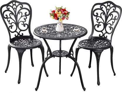 Withniture Outdoor Bistro Set 3 Piece Patio Bistro Set, Cast Aluminum Bistro Table and Chairs Set of 2, Small Patio Table Set for Porch, Black