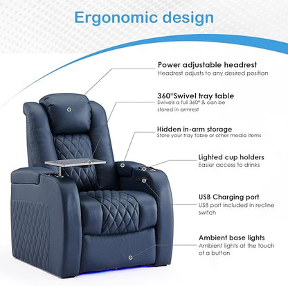 Weilianda Home Theater Seating Top Grain Leather Zero Gravity Recliner Chair Power Headrest Recline Movie Seat Gaming 7 Colors Mood Light Sofa with Tray Table USB Charge Row of 4 Loveseat Right Blue