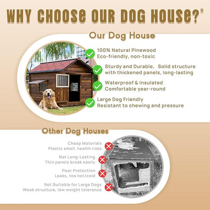 Extra Large Dog House Outdoor Made of Solid Pine Wood, Warm Doghouse, Dog House with Elevated Floor for Large Dogs, (Wood, 5XL)