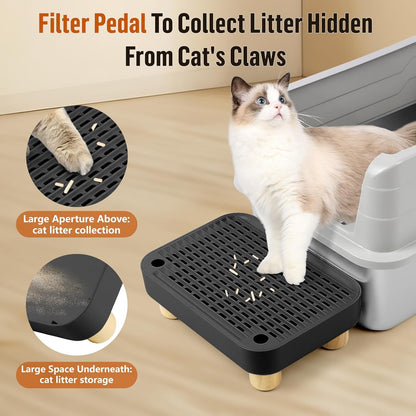 Cat Litter Box Step Ramp, Cat Litter Catcher Mat with Wooden Feet, Filter Function, Cat Pedal Stool for Self-Cleaning Cat Litter Box, Ideal for Kitten & Elderly Cats (Black)