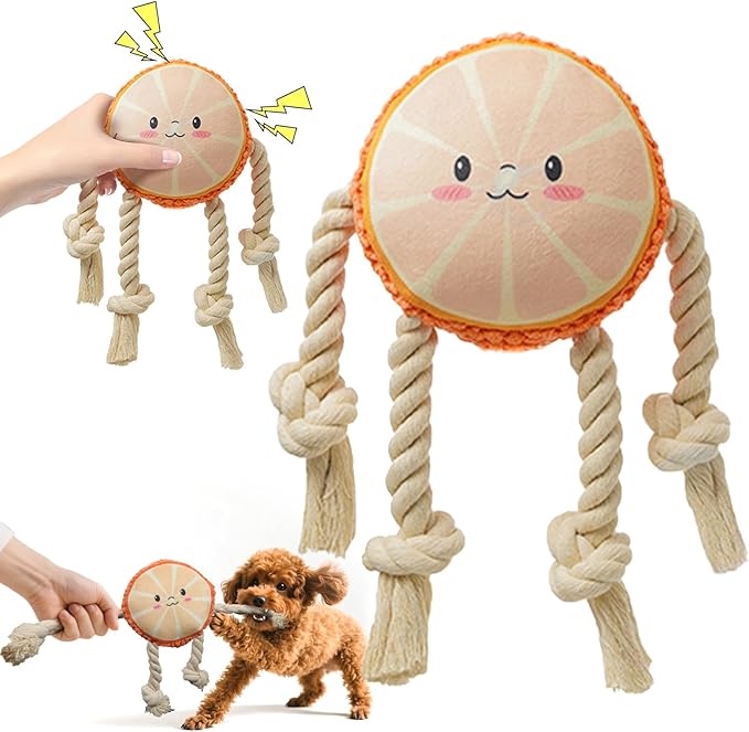 Squeaky Dog Toys Rope Dog Toys to Keep Them Busy - Tug of War Dog Toy for Boredom Plush Interactive for Small Medium Dogs-Orange