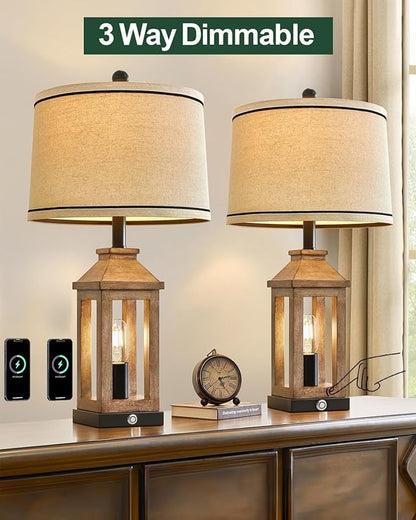 23.75" Farmhouse Dual USB Charging Ports 3-Way Dimmable Touch Control Table Lamp with Nightlight Vintage Modern Lamps for Living Room Bedroom