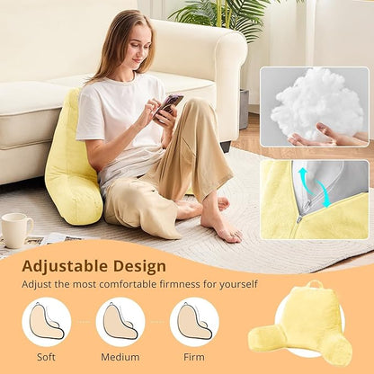 Sasttie Reading Pillow, Velvet Back Pillow for Bed Sitting Up, Adult Back-Rest Support Cushion with Arms for Sit Up on Couch, Sofa, and Floor, Dorm Essentials, Reading Accessories, Light Yellow